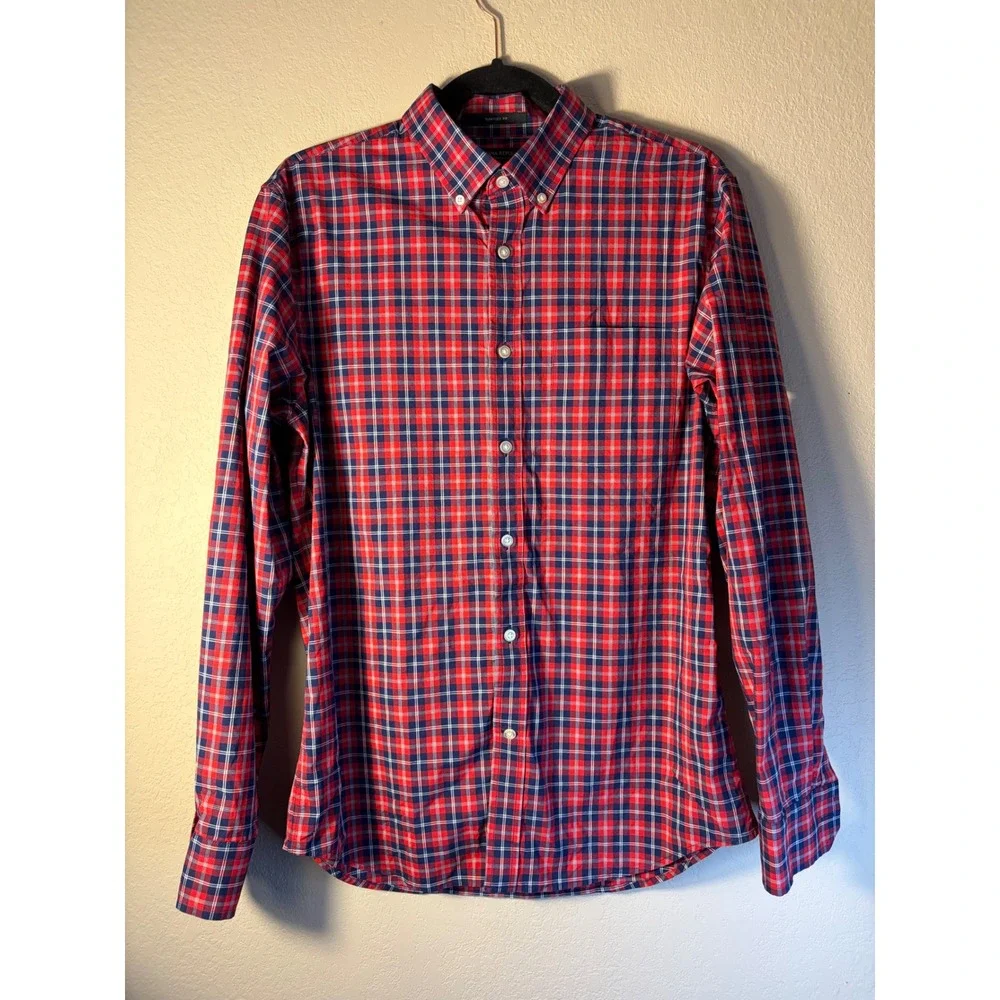 Banana Republic Mens Slim Flex Fit Tech Stretch Cotton Plaid Shirt Red Navy M